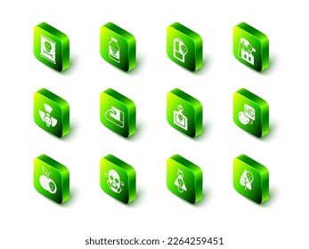 Set Poisoned pill, Beaker with toxic liquid, Smoke from factory, Drop of mercury, flower, Bottle potion,  and Gas mask icon. Vector