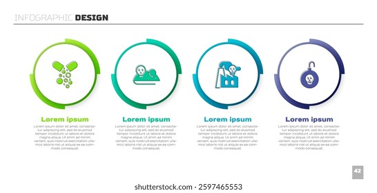 Set Poisoned pill, Experimental mouse, Smoke from factory and Nuclear bomb. Business infographic template. Vector