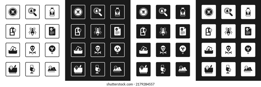 Set Poisoned pill, Poisonous spider, Beaker with toxic liquid, Bones and skull, Radiation warning document, magnifying glass, Biohazard symbol and Radioactive waste barrel icon. Vector