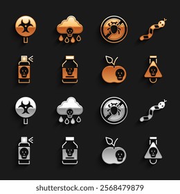 Set Poisoned pill, Snake, Bottle with potion, apple, Spray against insects, Stop colorado beetle, Biohazard symbol and Acid rain icon. Vector