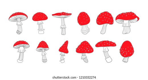 Set of poisonous mushroom fly agarics. Doodle illustration. Hand drawn