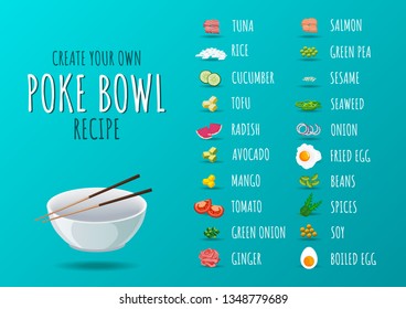 Set of poke bowl ingredients. Create own recipe of poke bowl