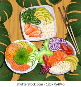 Set poke bowl with salmon, avocado, rice and sea kale on a wooden background with tropical leaves. Trend Hawaiian food. Vector illustration of healthy food.