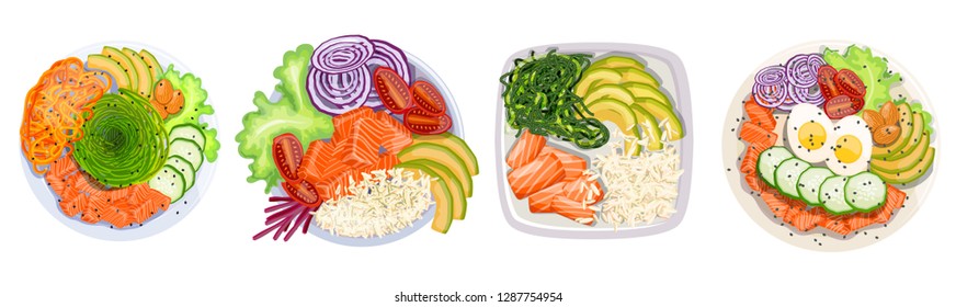 Set of poke bowls with products on white background isolate Hawaiian trend food moose rice avocado egg algae spices cucumber tomato vector stock illustration