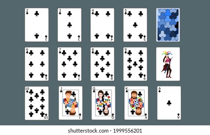 Set of poker card clubs.Isolated vector illustration on gray background.