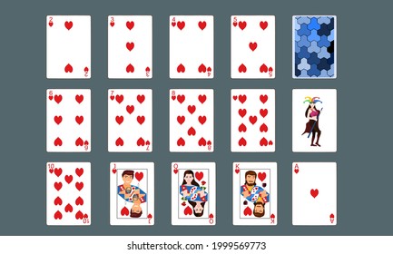 A set of poker cards, hearts and jokers.Isolated vector illustration on gray background.