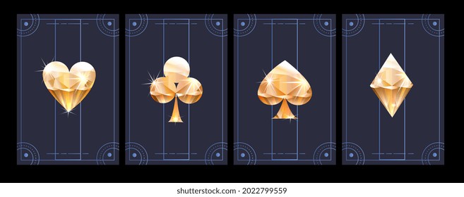 Set of poker cards in metallic black and gold texture shining colors. Concept of poker cards template for ad banner or other creative use. Flat cartoon vecor illustration