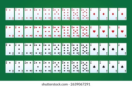 Set of poker cards on green background. Poker playing cards full deck. Vector illustration