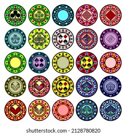 Set of poker casino chips with playing card suits. Oriental fairy tale style. Vector illustration isolated on white background.