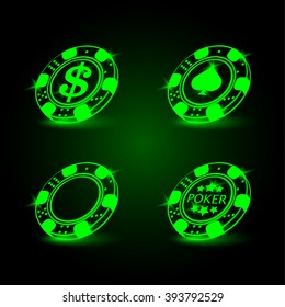 Set of poker chip. Neon vector illustration.