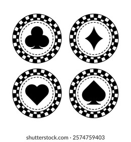 Set of poker chips black icons. Poker symbols with spades, hearts, diamonds, clubs. Vector illustration isolated on white background