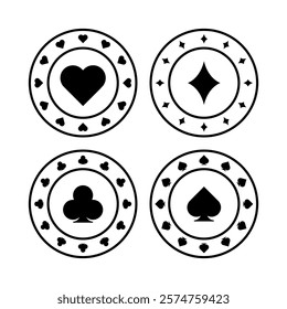 Set of poker chips black icons. Poker symbols with spades, hearts, diamonds, clubs. Vector illustration isolated on white background