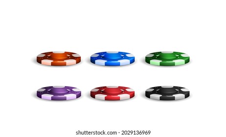 Set of poker chips isolated on white background. Realistic orange, blue, green,purple, red and black empty chips for casino