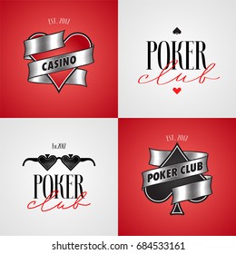 Set Of Poker Club, Casino Vector Logo, Symbol. Template Design With Cards Suits For Poker Gambling