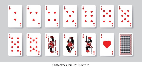 Set of poker hearts cards. Collection of graphic elements for website, online entertainment and gambling. Inventory for Black Jack. Realistic vector illustrations isolated on grey background