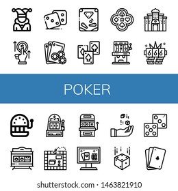 Set of poker icons such as Joker, Bet, Dice, Gambling, Pinball, Playing cards, Poker, Slot machine, Casino, Jackpot, Board game, Online casino , poker