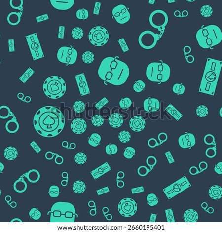 Set Poker player, Handcuffs, Casino chips and Stacks paper money cash on seamless pattern. Vector
