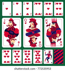 Set of poker playing cards of heart suit and joker laid out on green table isolated vector illustration  