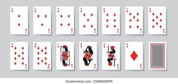 Set of poker rhombus cards. Gambling and casino inventory collection. Blackjack, bridge or other card game. Fortune, chance and luck. Realistic vector illustrations isolated on grey background