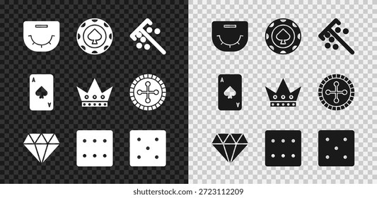 Establecer mesa de póquer, fichas de casino, palo para, diamante, dados de juego, tarjeta de juego con picas y Rey icono de juego. Vector