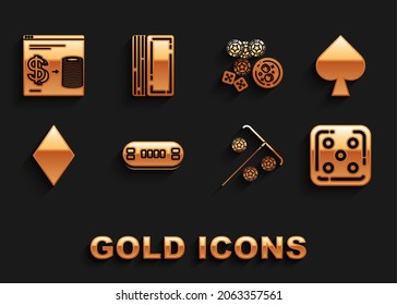 Set Poker table, Game dice, Stick for chips, diamonds, Casino game and glass of whiskey cubes, Online casino exchange stacks dollars and Deck playing cards icon. Vector