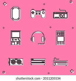 Set Poker table, Gamepad, Computer keyboard, Retro arcade game machine, Headphones, Create account screen, Video graphic card and console icon. Vector