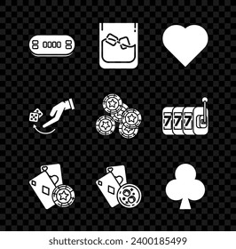 Set Poker table, Glass of whiskey and ice cubes, Playing card with heart symbol, Casino chip playing cards, glass, clubs, Human hand throwing game dice and chips icon. Vector