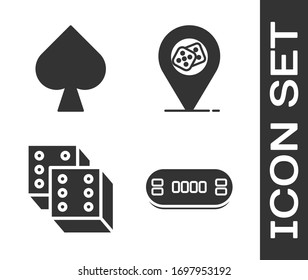 Set Poker table, Playing card with spades symbol, Game dice and Casino location icon. Vector