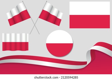 Set Of Poland Flags In Different Designs, Icon, Flaying Flags With ribbon With Background. Free Vector
