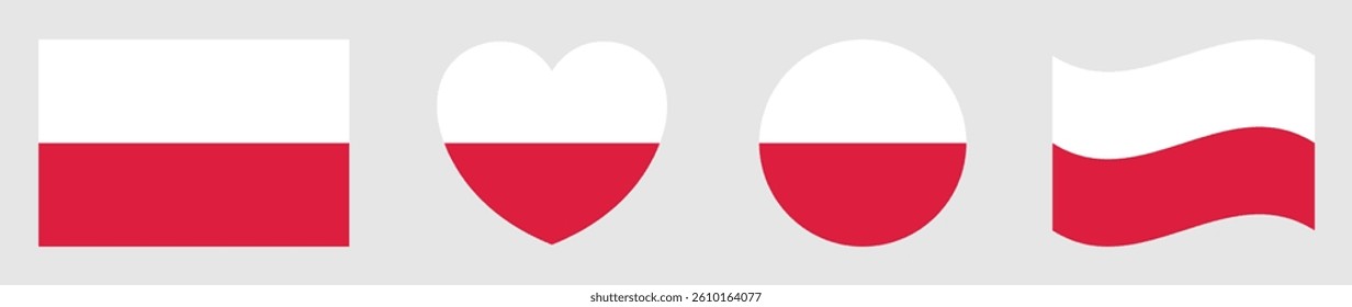 Set of Poland national flags isolated. Poland flags set in square, circle, waving flag and heart shape icons various designs element. Poland flags collection different style. Vector illustration.