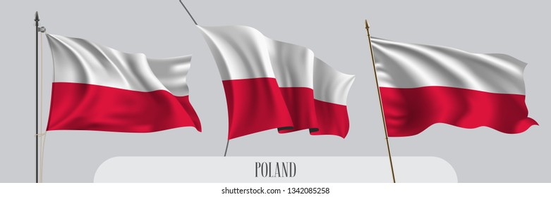 Set of Poland waving flag on isolated background vector illustration. 3 red white Polish wavy realistic flag as a patriotic symbol 
