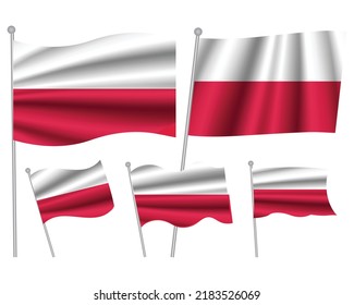 Set of Poland waving flag on isolated background vector illustration. 5 Polish wavy realistic flag as a symbol of patriotism
