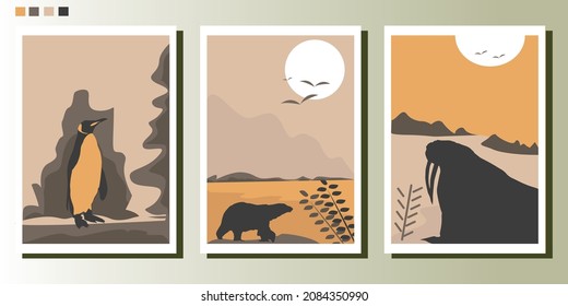 set of Polar animals vector illustration on wall art design style.  Scandinavian design concept.  