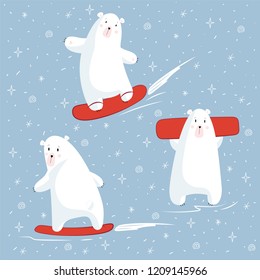 Set of polar bear characters on a snowboard