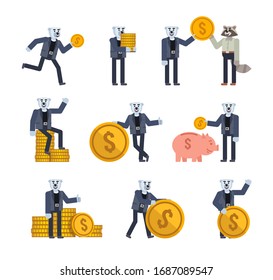 Set of polar bear characters posing with big coins. Cheerful white bear holding big golden coin, running, saving money and showing other actions. Flat design vector illustration