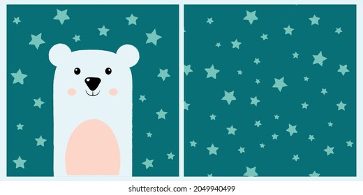 Set of polar bear. Children's set. Template for textiles. Pattern with stars. Cute polar bear on a background of the starry sky.