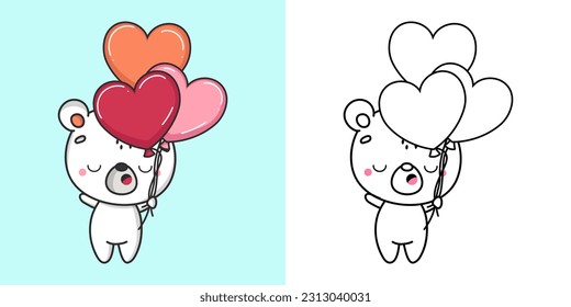 Set Polar Bear Coloring Page and Colored Illustration. Clip Art Kawaii Bear. Vector Illustration of a Kawaii Animal for Coloring Pages, Prints for Clothes, Stickers, Baby Shower.
