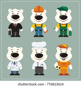 Set of polar bear in different costumes: builder, sportsman, worker, doctor, manager, cook in cartoon style.