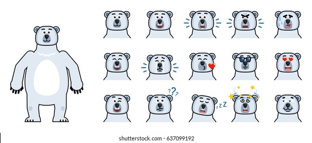 Set of polar bear emoticons. Cartoon arctic bear avatars showing various facial expressions. Happy, sad, angry, serious, dazed, sleeping, surprised and other emotions. Simple vector illustration