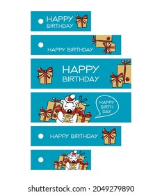 set polar bear with gifts on a blue background:
six tags-lanes with a happy birthday greetings, 
children`s, vector