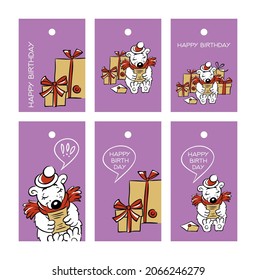 set polar bear with gifts on a mauve background:
six rectangular tags with a happy birthday greetings, children`s, vector