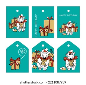 set polar bear with gifts on a turquoise background:
six short rectangular and pentagonal tags 
with a happy birthday greetings, children`s, vector