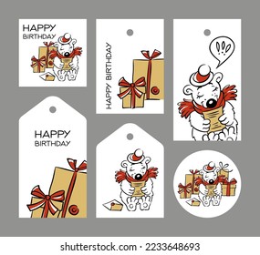 set polar bear with gifts on a white background:
six tags of different shapes with a happy birthday greetings, 
children`s, vector