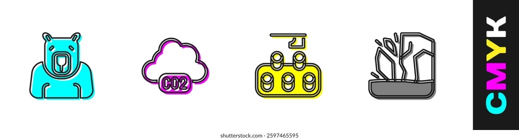 Set Polar bear head, CO2 emissions in cloud, Deforestation and Glacier melting icon. Vector