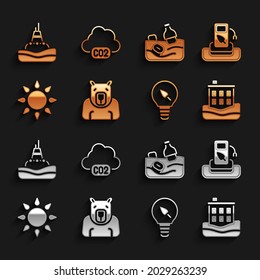 Set Polar Bear Head, Petrol Or Gas Station, House Flood, Light Bulb With Leaf, Sun, Problem Pollution Of The Ocean, Floating Buoy Sea And CO2 Emissions Cloud Icon. Vector