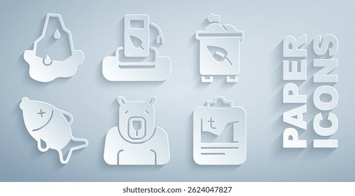Set Polar bear head, Recycle bin with recycle, Dead fish, Global warming, Petrol or gas station and Glacier melting icon. Vector