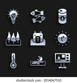 Set Polar bear head, Wrecked oil tanker ship, Television report, Sun, Meteorology thermometer, Forest, Barrel and Light bulb with leaf icon. Vector