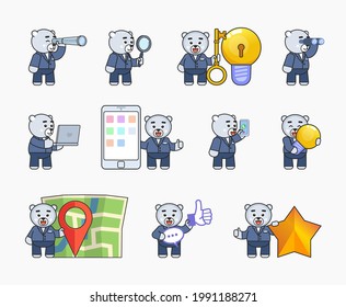 Set of polar bear mascots in business suit in various situations. Cute white bear holding spyglass, magnifier, laptop, idea bulb, talking to phone and other emoticons. Vector illustration bundle