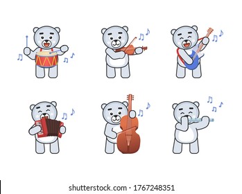 Set of polar bear mascots playing on various musical instruments. Chibi white bear playing on drum, violin, guitar, accordion, flute, double bass. Vector illustration bundle