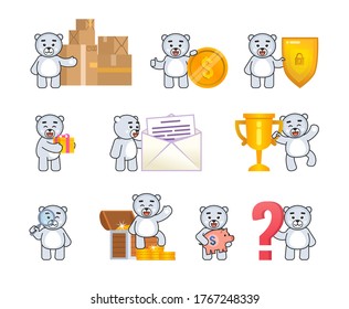 Set of polar bear mascots in various situations. Chibi white bear standing near big coin, shield, parcel boxes, treasure chest and other emoticons. Vector illustration bundle